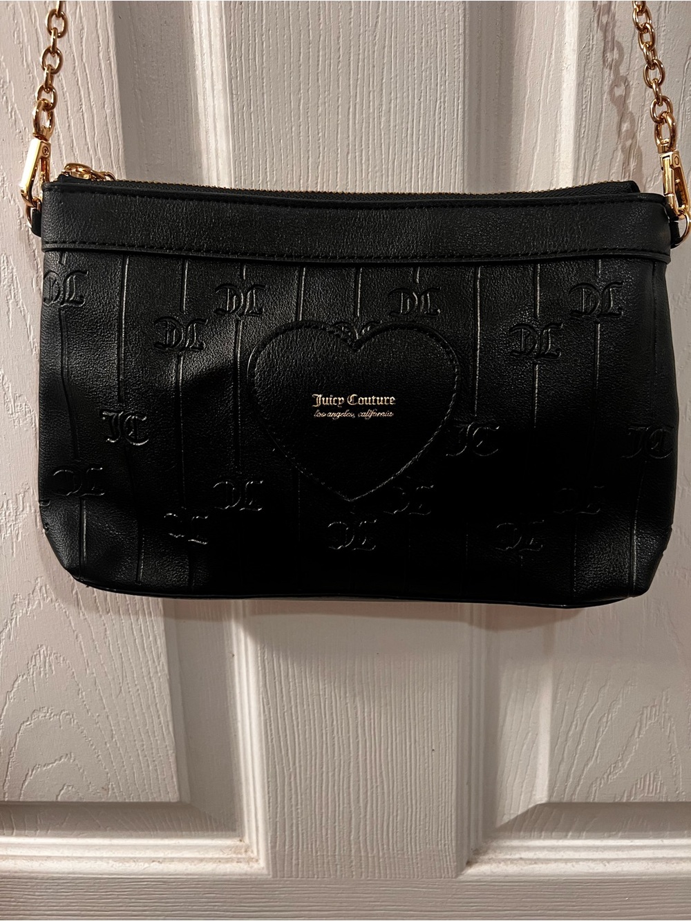 Juicy Couture Black Embossed Heart Crossbody with Gold Chain